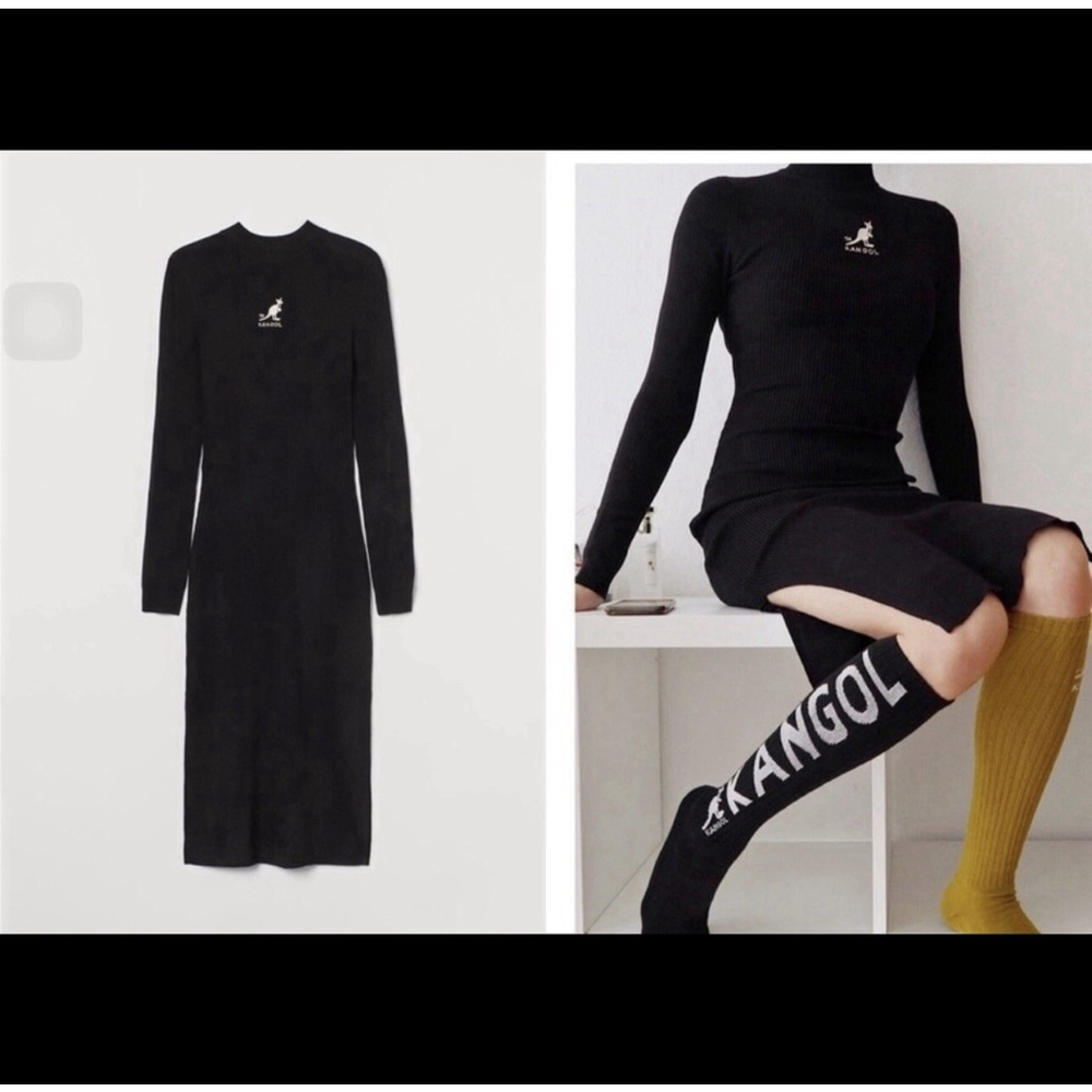 Kangol x H&M Black Ribbed Sweater Dress Long Sleeve Bodycon Midi Sz M Streetwear